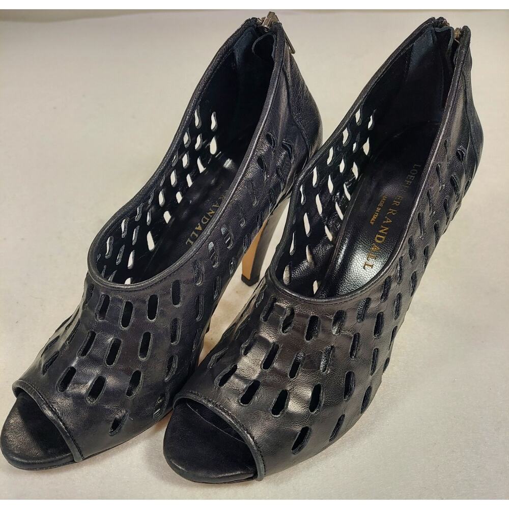 Loeffler Randall Black Leather Laser-Cut Peep Toe Heels Zipper 8B Made In Italy
